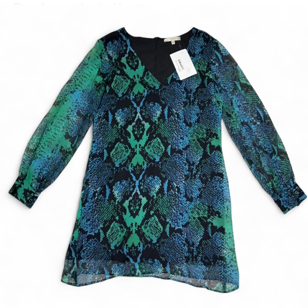 Lavender Brown Womens Blue Snake Print Shift Dress size Medium Long Sleeve Silk‎